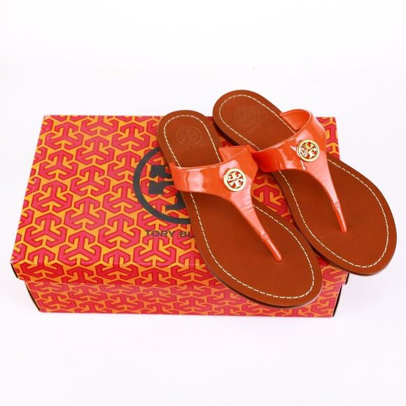 Tory Burch CAMERON Patent Leather Thong Fire Orange 5.5 - Picture 1 of 11
